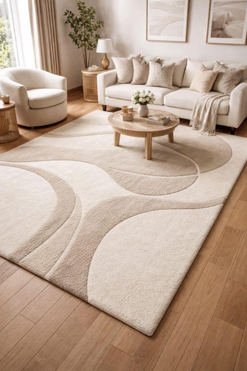 Organic Modern Rug, Japandi Abstract Carpet, Neutral Scandinavian Decor, Curved Pattern Area Rug, Minimalist Statement Piece bild 4