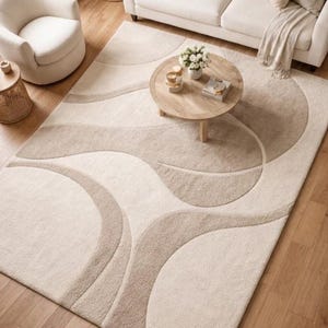 Organic Modern Rug, Japandi Abstract Carpet, Neutral Scandinavian Decor, Curved Pattern Area Rug, Minimalist Statement Piece bild 1