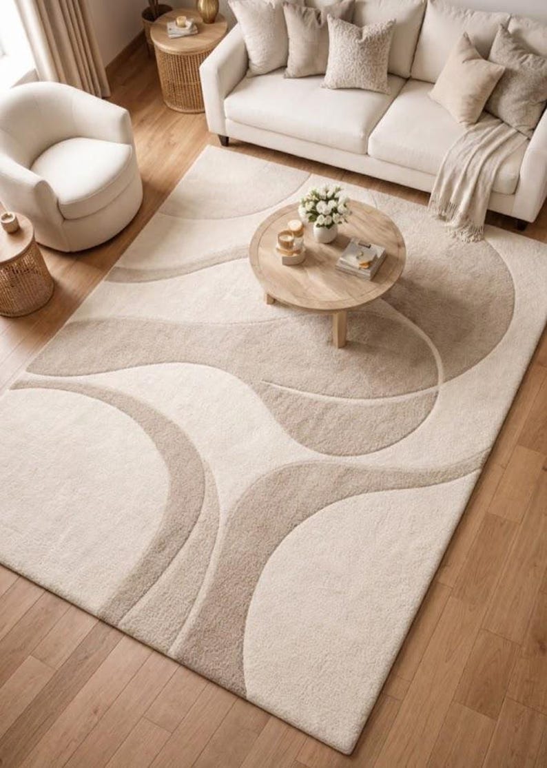 Organic Modern Rug, Japandi Abstract Carpet, Neutral Scandinavian Decor, Curved Pattern Area Rug, Minimalist Statement Piece bild 1