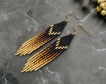 Boucles d'oreilles élégantes petites perles boucles d'oreilles à franges brick stitch tissées perles de rocaille Miyuki dégradé ombré noir/bronze/doré