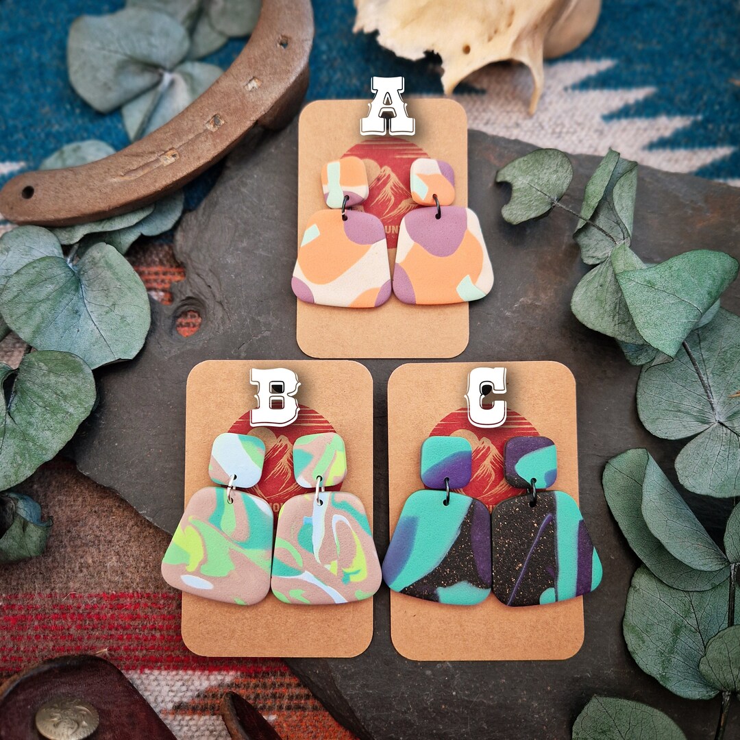 Large Twopiece Art Deco Polymer Clay Statement Hanging Earrings Square