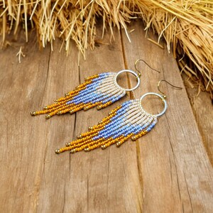 Autumn Colors Autumn Fall Pumpkin Gradient Ombré Beaded Earrings Fringe Earrings Golden Ring Seed Beads Aquamarine (Orange/Blue)