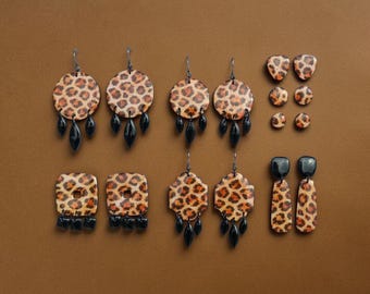 Leopard Animal Print Polymer Clay Ohrringe Leo Look Schwarz Beige handgemachte Statement Ohrringe mit Edelstahl-Ohrsteckern Safari Wildkatze
