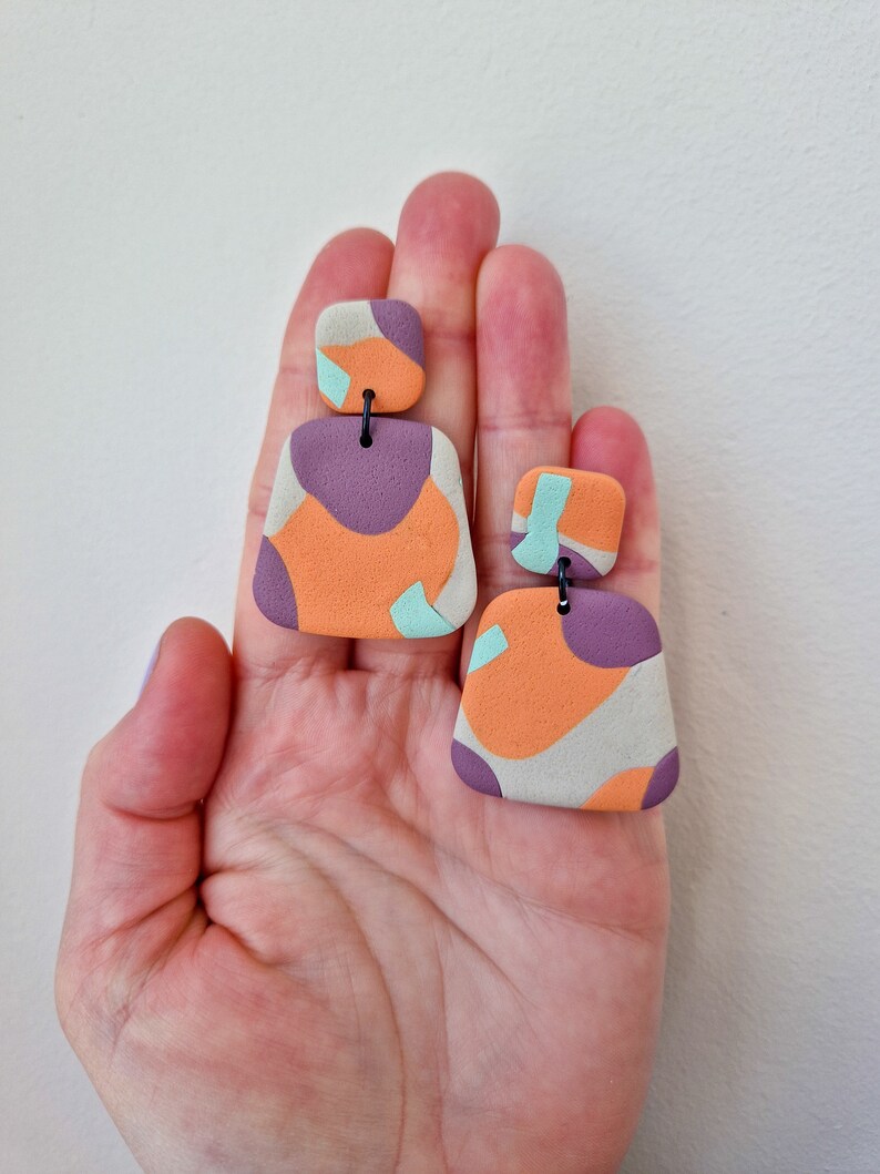 Large Twopiece Art Deco Polymer Clay Statement Hanging Earrings Square