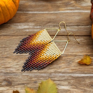 Autumn Colors Fall Autumn Vibes Beaded Earrings Fringe Earrings Ombré Gradient Golden Triangle Miyuki Seed Beads (Orange/Brown/Black)