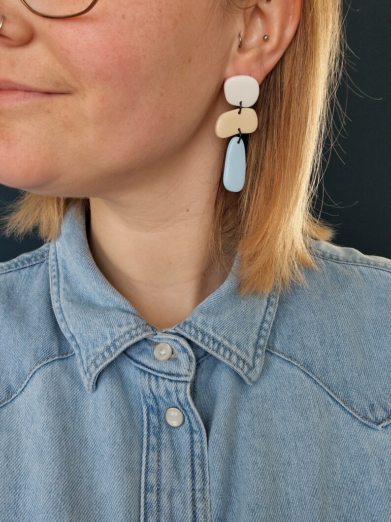 Threepiece Polymer Clay Hanging Earrings Made of Ovenhardening Clay White Cream Beige Ice Blue