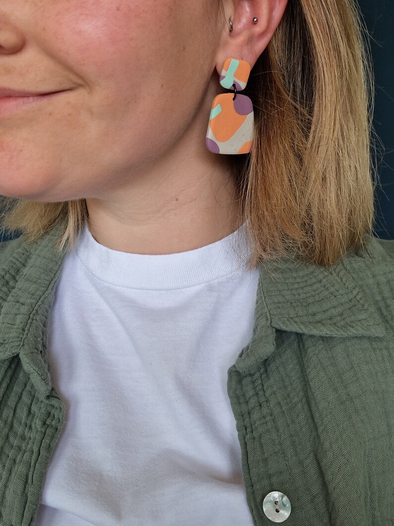 Large Twopiece Art Deco Polymer Clay Statement Hanging Earrings Square