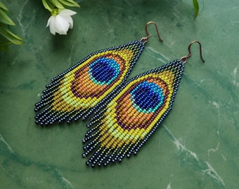 Made-to-order peacock feather peacock blue peacock colorful bead earrings fringe earrings handwoven seed beads brick stitch green/turquoise