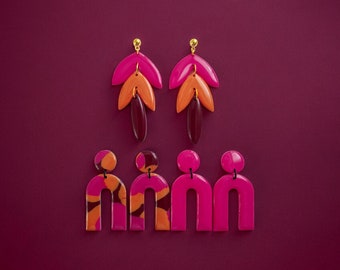 Pink magenta orange Spring-Collection Statement minimalist geometric polymer clay drop earrings Art Deco spring colors U-shape