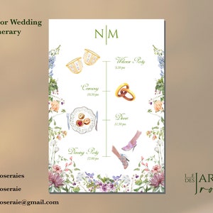Peut inclure: Un itin&eacute;raire de mariage aquarelle avec des bordures florales. L'itin&eacute;raire comprend la f&ecirc;te de bienvenue, la c&eacute;r&eacute;monie, le d&icirc;ner et la soir&eacute;e dansante avec les heures correspondantes. Les initiales N/M sont en haut de l'itin&eacute;raire.