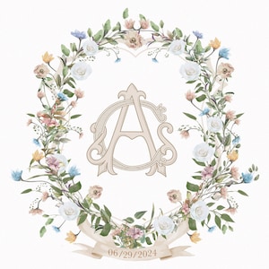 Blason de Mariage Aquarelle Personnalisable | Monogramme Sur-Mesure | Papeterie Événementielle | Blason Numérique Mariage