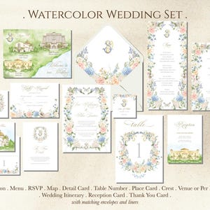 カスタム水彩結婚式招待状セット・手描き花柄スイート・結婚式当日の印刷文房具