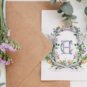 Brasão semi-personalizado pintado à mão I Brasão para convite de casamento I Monograma em aquarela I Papelaria digital