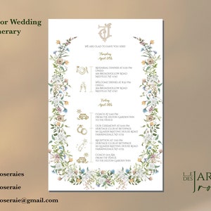 Peut inclure: Un itin&eacute;raire de mariage aquarelle avec des bordures florales. L'itin&eacute;raire comprend la date, l'heure et le lieu du d&icirc;ner de r&eacute;p&eacute;tition, des boissons de bienvenue, de la c&eacute;r&eacute;monie et de la r&eacute;ception. Le texte comprend la phrase "Nous sommes heureux de vous accueillir !"