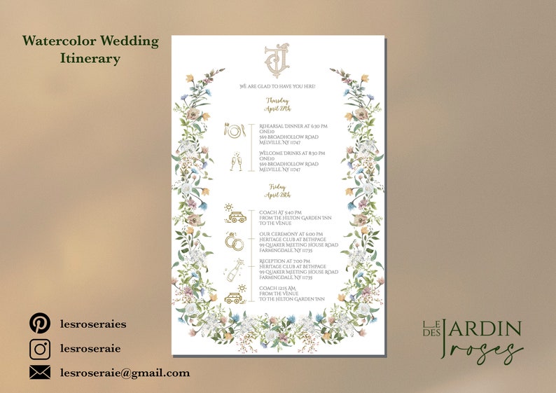 Peut inclure: Un itin&eacute;raire de mariage aquarelle avec des bordures florales. L'itin&eacute;raire comprend la date, l'heure et le lieu du d&icirc;ner de r&eacute;p&eacute;tition, des boissons de bienvenue, de la c&eacute;r&eacute;monie et de la r&eacute;ception. Le texte comprend la phrase "Nous sommes heureux de vous accueillir !"