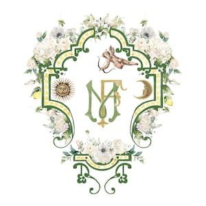 Escudo personalizado pintado a mano | Escudo con dibujo del lugar | Escudo de boda con elementos adicionales | Monograma de acuarela | Papelería digital