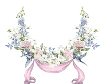 Peut inclure: Illustration aquarelle d'une couronne florale avec des fleurs blanches et roses, des delphiniums bleus et des feuilles vertes. Deux rubans roses sont liés ensemble avec un nœud au centre de la couronne. Deux hirondelles sont perchées sur les rubans.