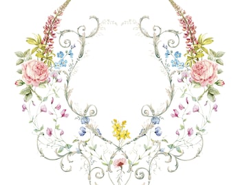 Peut inclure: Une peinture à l'aquarelle d'une couronne florale avec des roses roses, des myosotis bleus et des pois de senteur violets. La couronne est encadrée de vignes ornées et tourbillonnantes.