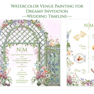 Invitación de boda personalizada en acuarela / Itinerario de boda personalizado I Invitación pintada a mano / Ilustración del lugar / Papelería floral para boda