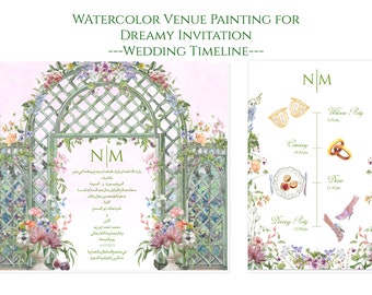 Custom Watercolor Wedding Invitation | Custom Wedding Itinerary I Hand Painted Invitation | Venue Illustration | Floral Wedding Stationery