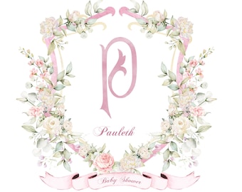 Peut inclure: Une illustration aquarelle d'une couronne florale rose avec une lettre "P" rose au centre. La couronne est décorée de fleurs blanches et roses, de feuilles vertes et d'un ruban rose. Le texte "Pauleth Baby Shower" est écrit sous la couronne.