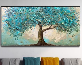 Blue Dream Abstract Tree Heavy Texture Hand Blue White Harmony Home Decor Horizontal Original Art Dreamy Natural Landscape Vitality Symbol