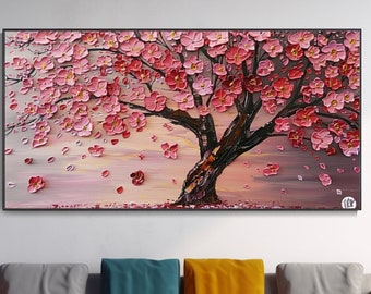 Elegant Pink Cherry Blossoms Abloom Vibrant Spring Home Decor Art 3D Textured Hand Oil Painting Palette Knife Style Banner For Living Room