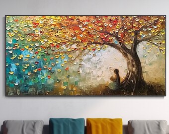 Serenità primaverile, Dipinto originale su tela a olio dipinto a mano di un albero in fiore colorato con una ragazza. Arte originale su tela