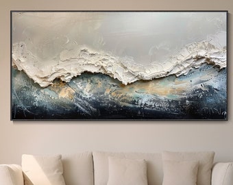 Tidal Boundary Textured Abstract Wave Ocean Landscape Oil Painting Blue Grey White Wall Art Modern Decor Living Room Knife Palette Work