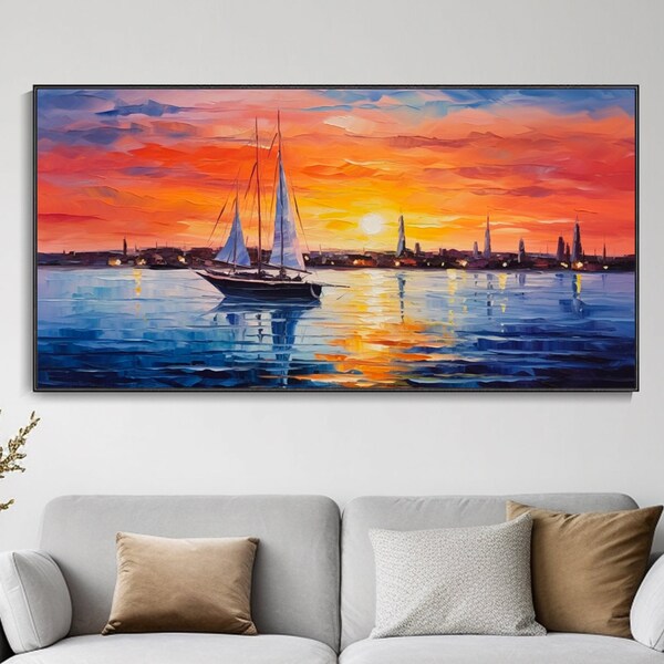 Peinture à l'huile crépuscule voiliers port Toile marine couteau Art Déco Salon chambre ciel orangé reflet mer Bleu paysage original