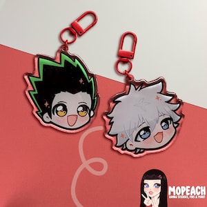 May include: Two anime-style character keyrings with red clasps. One keyring features a character with black spiky hair and green outline, the other with white spiky hair and a pink outline. Both have smiling faces.