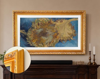 May include: A rectangular wall art piece featuring a reproduction of a sunflower painting in a wide, ornate gold frame with intricate carved detailing. A circular inset shows a close-up view of the gold frame's textured, metallic finish.