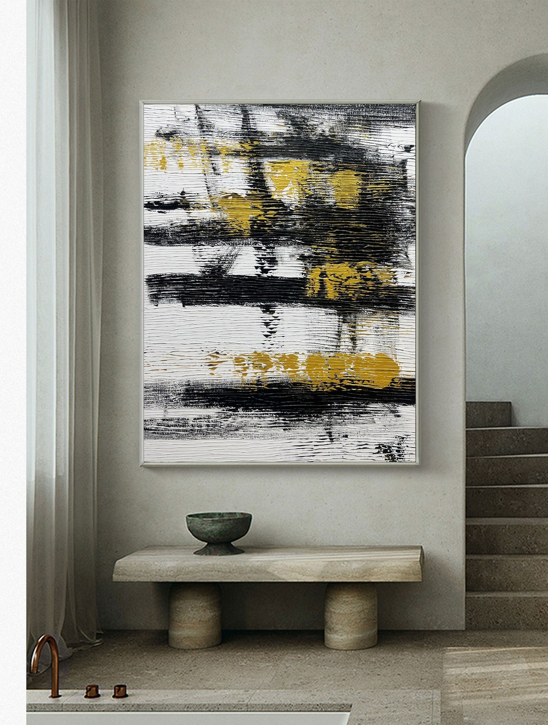 Original Black and White Gold Wall Art, Modern Abstract Painting
