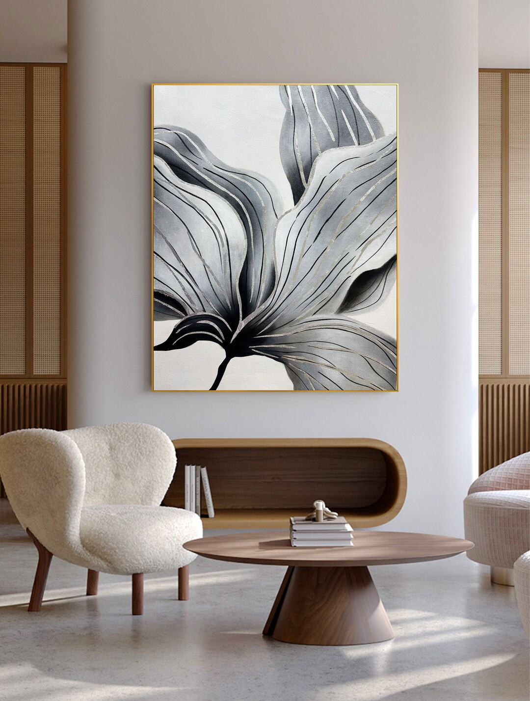 Black Flower Wall Art Large Flower Painting Black Modern Etsy