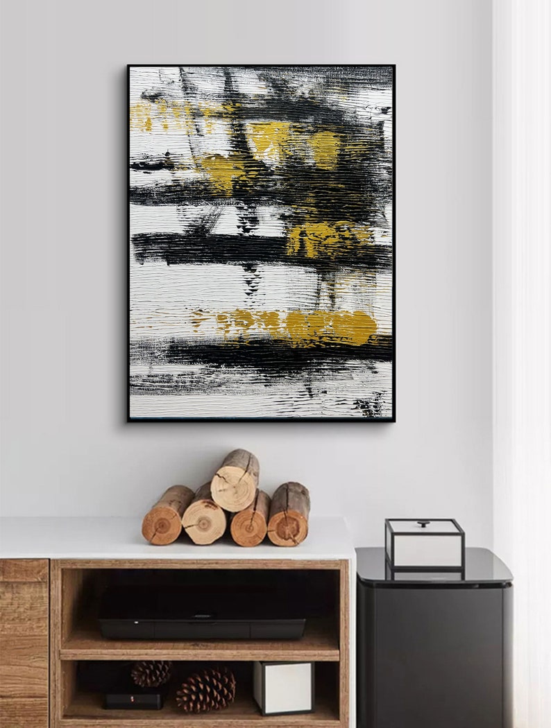 Original Black and White Gold Wall Art, Modern Abstract Painting