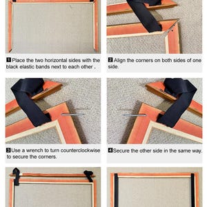 May include: Step-by-step installation instructions with images. The text "INSTALLATION INSTRUCTIONS" is at the top. The images show how to assemble a frame, including aligning corners, using a wrench, and securing sides.