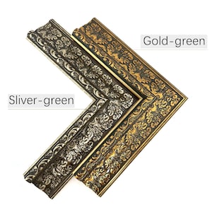 May include: Two ornate picture frame corners, one silver-green and one gold-green, are displayed. The frames feature detailed floral and leaf patterns. The text "Silver-green" and "Gold-green" are visible.