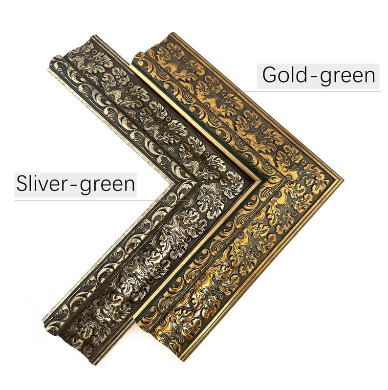 May include: Two ornate picture frame corners, one silver-green and one gold-green, are displayed. The frames feature detailed floral and leaf patterns. The text "Silver-green" and "Gold-green" are visible.