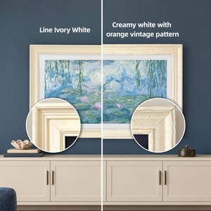 Könnte beinhalten: Ein rechteckiger Bilderrahmen mit einem Seerosen-Gemälde. Die linke Seite zeigt ein glattes Line Ivory White Finish, während die rechte Seite ein Creamy white with orange vintage pattern Finish aufweist, hervorgehoben durch zwei kreisförmige Detailansichten.