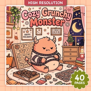 Cozy Grunchy Monster Winter Coloring Book / 40 Cozy Kawaii Grinch Pages, Adults & Teens, Printable PDF and PNG, Instant Download