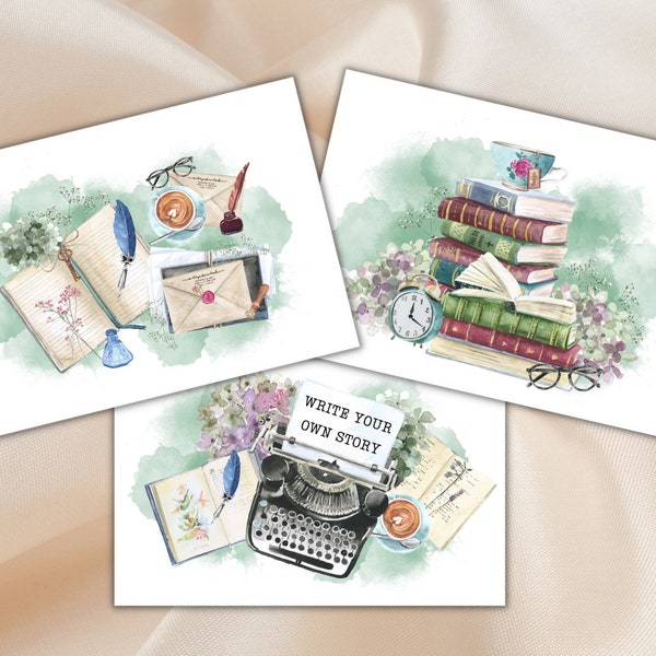 Postcard set ''booklover'' | Greeting card | Gift for book lovers | Postcard saying A6 | Postcard flowers | Watercolor style