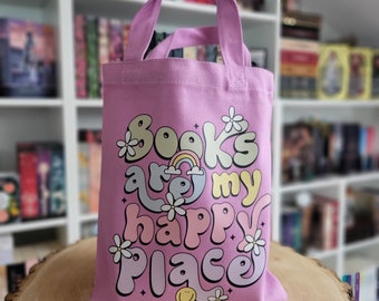 Buchtasche - Books are my happy place | Geschenk für Buchliebhaber | Buchhülle für Bücher | Tasche für Bücher, E-Reader und Tablets