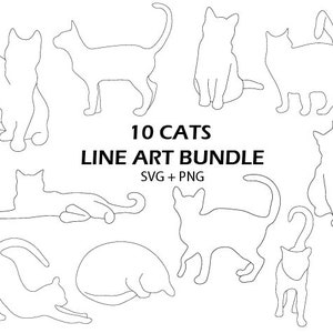 Cat Line Art SVG Bundle Kitty Cat Outline Silhouette Cat Wall Art Kitten Minimal Stretching Cat Clipart Kawaii Cat PNG Cute Cat Hand Drawn