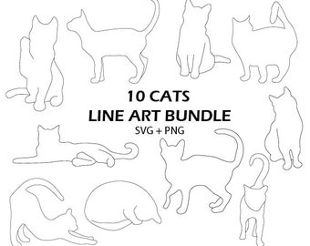 Cat Line Art SVG Bundle Kitty Cat Outline Silhouette Cat Wall Art Kitten Minimal Stretching Cat Clipart Kawaii Cat PNG Cute Cat Hand Drawn