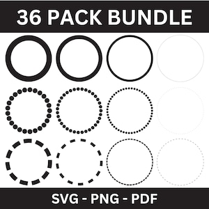 May include: A set of 36 circle SVG, PNG, and PDF files. The circles are in various styles, including solid, dotted, and dashed lines. The circles are black on a white background.