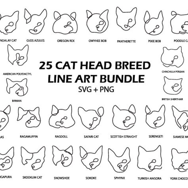 Cat Head Breed Line Art SVG Bundle Cat Face PNG Cute Kitten Outline Cat One Line Art SVG Minimalist Cat Vector File Simple Cat Head Drawing