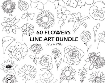 Flower Line Art SVG Bundle Vintage Floral Vector Botanical Minimal Floral PNG Digital Plants Stamp Doodle Simple Botanical Hand Drawn Flower