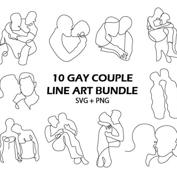 Gay Couple Line Art SVG Bundle Two Men One Line Drawing Anniversary Gay Couple Gift for LGBT Pride Decor 2 Male Line Art PNG Gay Clipart