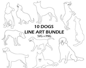 Pacchetto SVG di arte lineare del cane, contorno del cucciolo, clipart, cagnolino, linea singola, arte minima, silhouette di animale domestico, PNG, semplice, carino, arte murale del cane, cucciolo, disegnato a mano