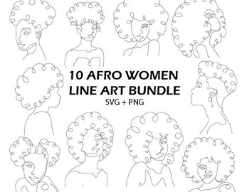 Afro Woman Line Art SVG Bundle for POD Design Black Woman PNG Minimalist Line Art Curly Hair Girl Doodle Art African Beauty Celestial Female
